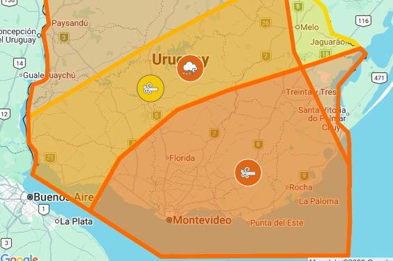 Inumet declara alerta naranja por tormentas severas en Maldonado y anuncia otra por vientos de hasta 120 km/h desde la tarde