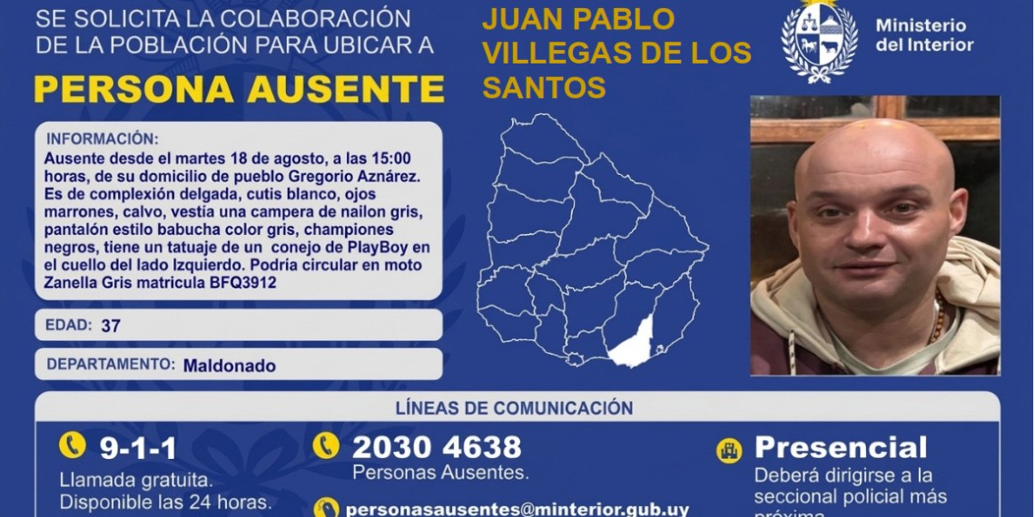 Buscan a un hombre de 37 años ausente de su hogar en Gregorio Aznárez, Maldonado